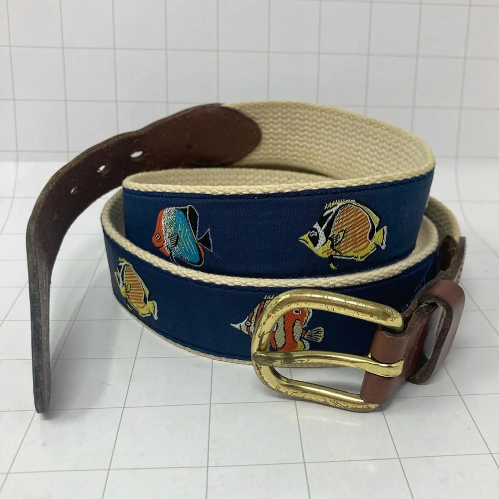 Vintage 90s EUC 40 tropical Fish belt boat yacht preppy style solid brass buckle